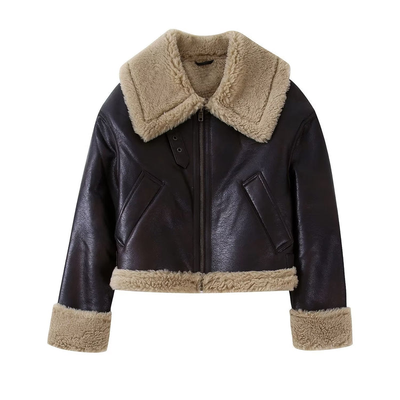 Thickened Shearling Turn-down Collar Zipper Short Jacket