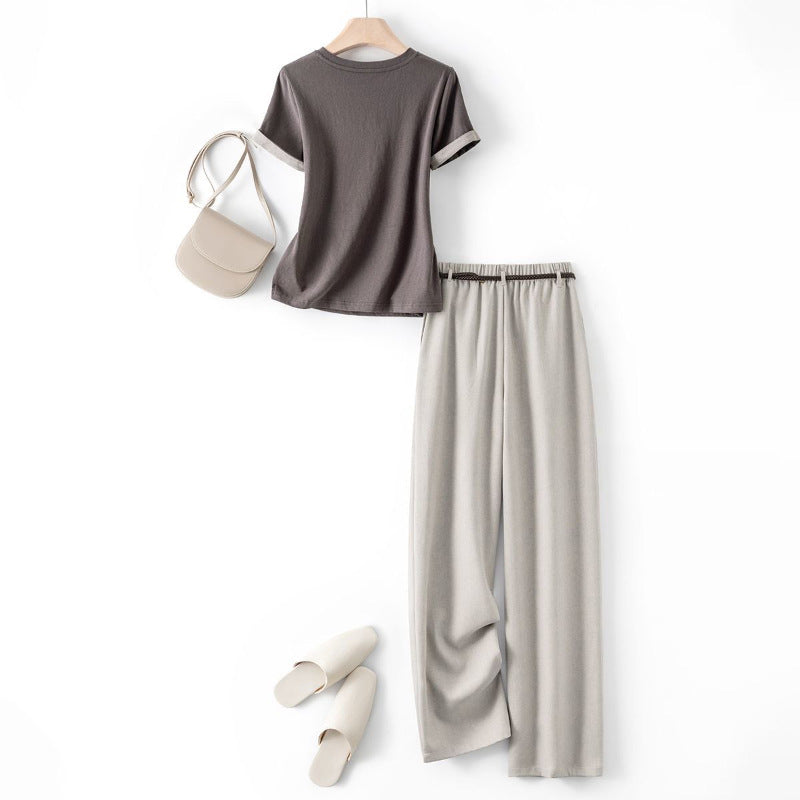 Casual Elegant Rolled-Sleeve T-shirt and Straight-Leg Pants Set