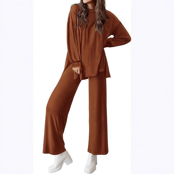 Round-Neck Long Sleeve Top and Wide-Leg Pants Set