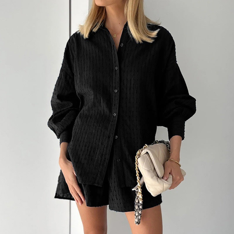 Jacquard Puff Sleeve Casual Suit with Shorts