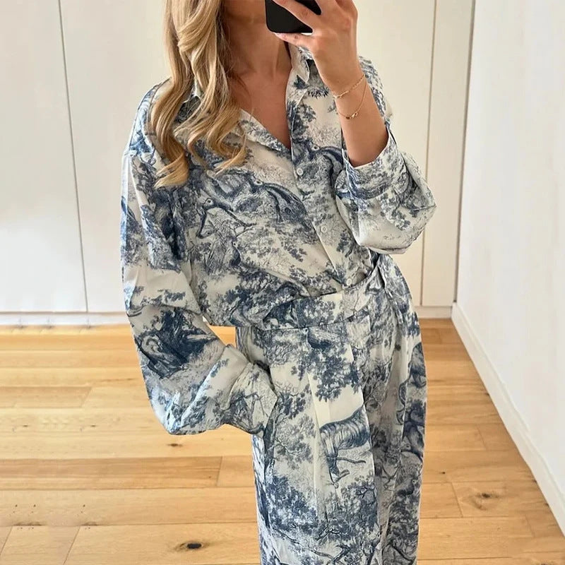 Elegant Printed Lapel Suit with Long Pants