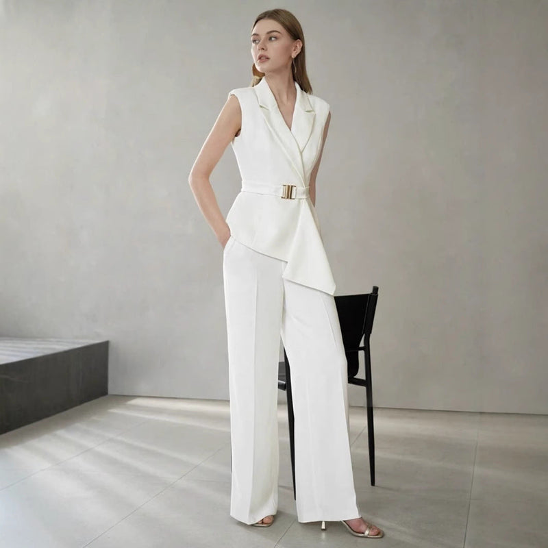Belted Lapel Vest and Long Pants Two-Piece Set