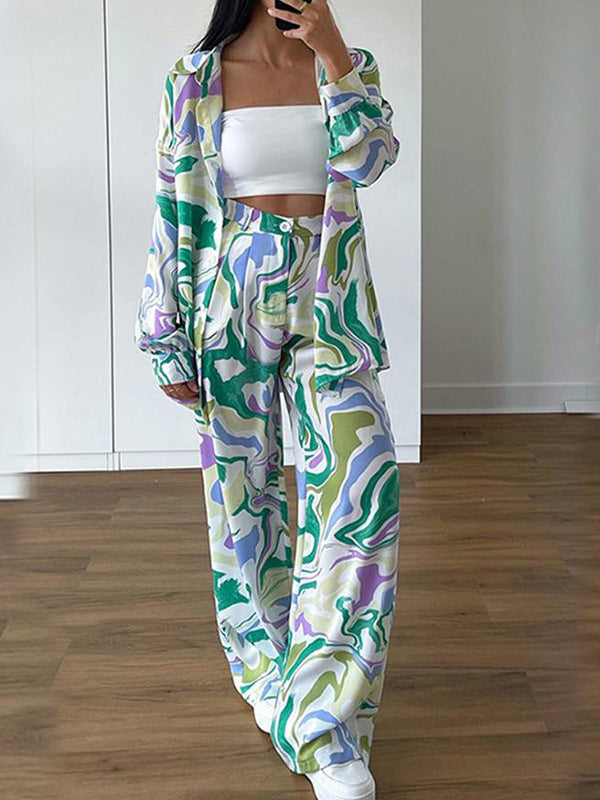 Printed Long-Sleeve Casual Two-Piece Shirt Set