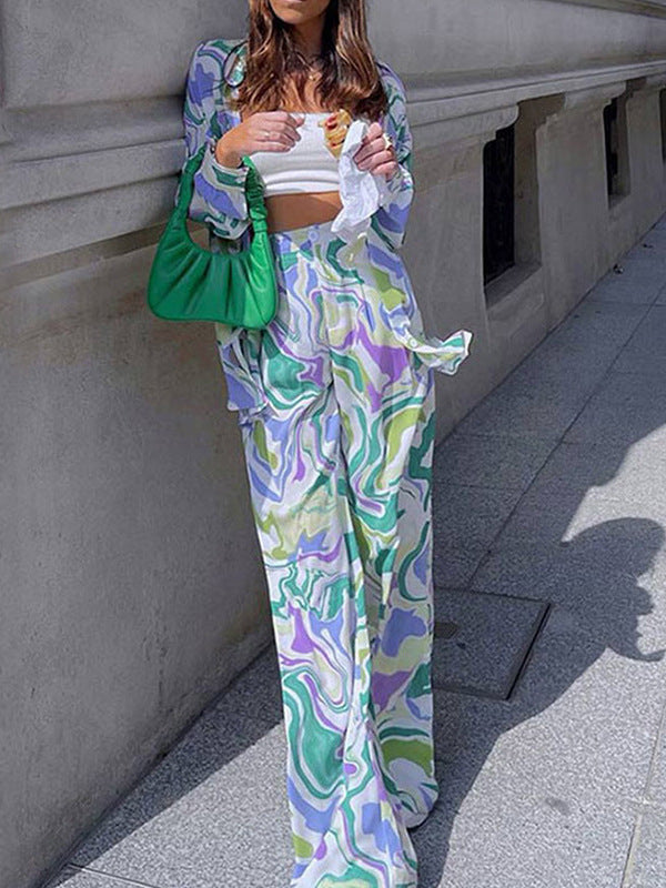 Printed Long-Sleeve Casual Two-Piece Shirt Set