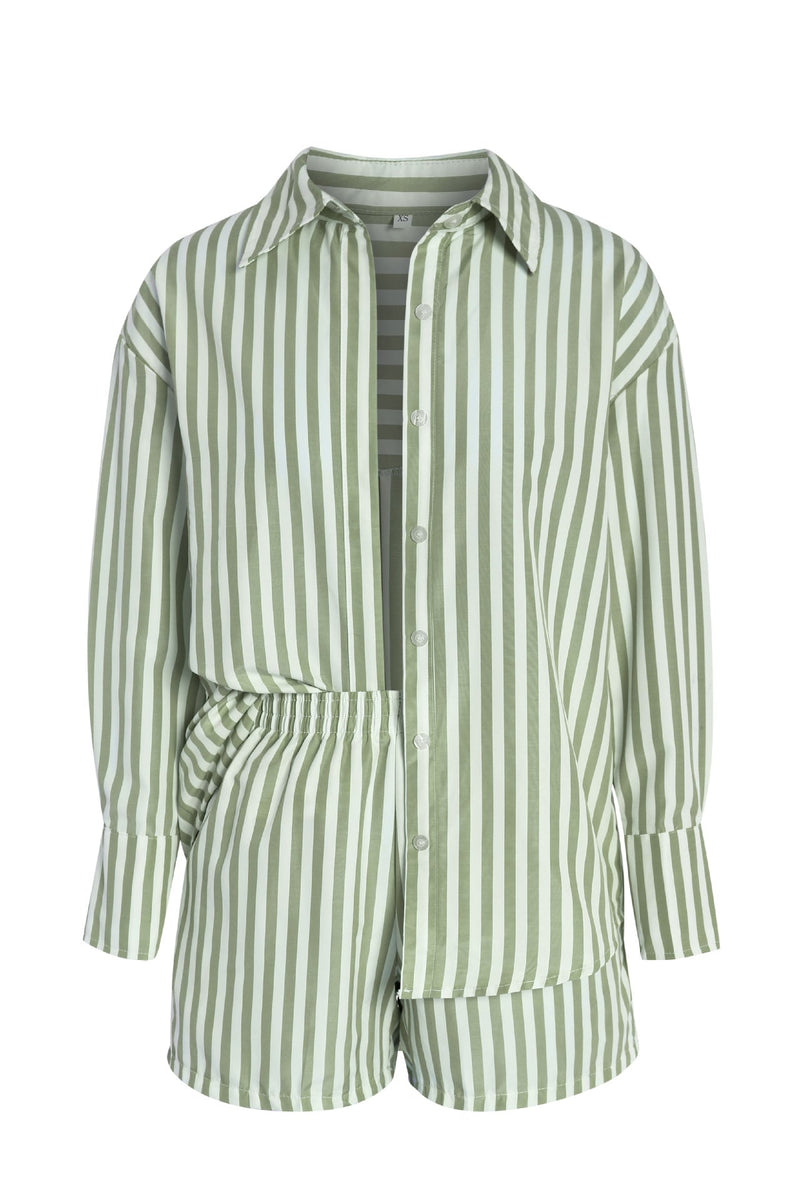 Casual Striped Long-Sleeve Shirt and High-Waisted Shorts Set