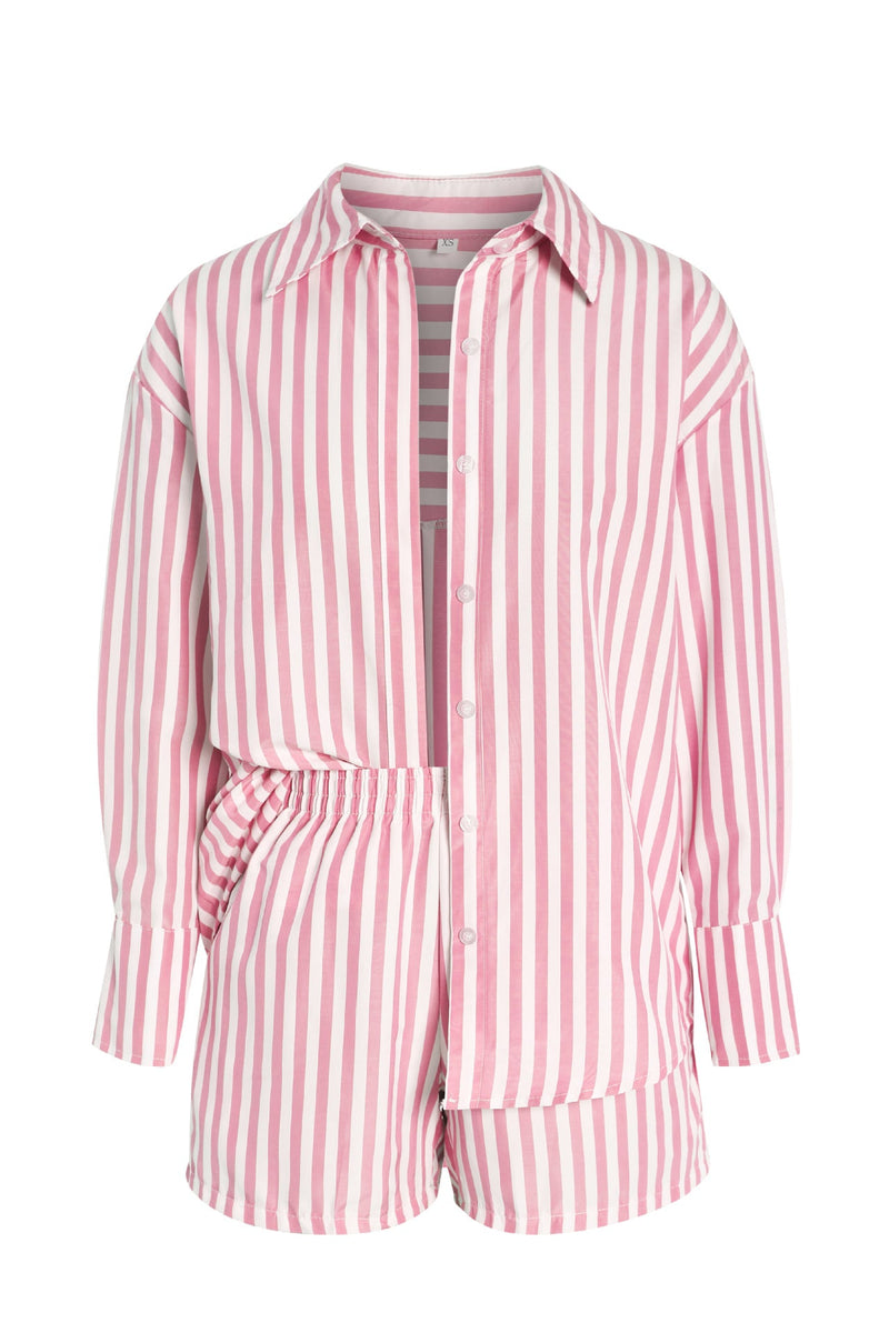 Casual Striped Long-Sleeve Shirt and High-Waisted Shorts Set