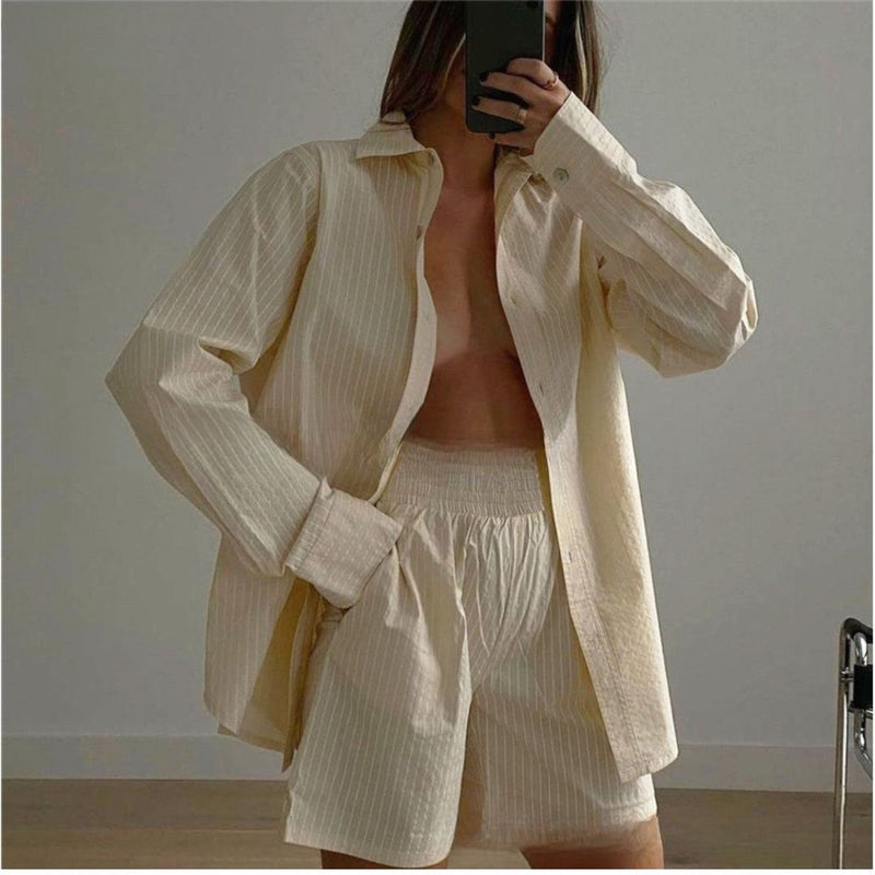 Casual Striped Long-Sleeve Shirt and High-Waisted Shorts Set