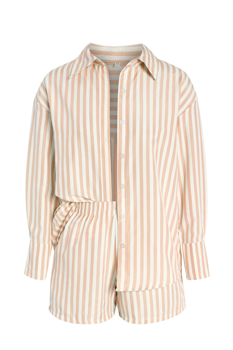 Casual Striped Long-Sleeve Shirt and High-Waisted Shorts Set