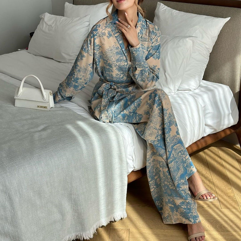 French-Style Printed Long-Sleeve Shirt and Wide-Leg Pants Set