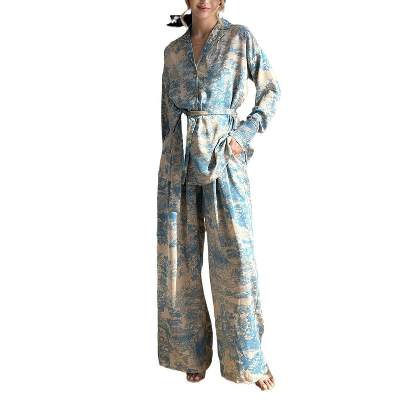 French-Style Printed Long-Sleeve Shirt and Wide-Leg Pants Set