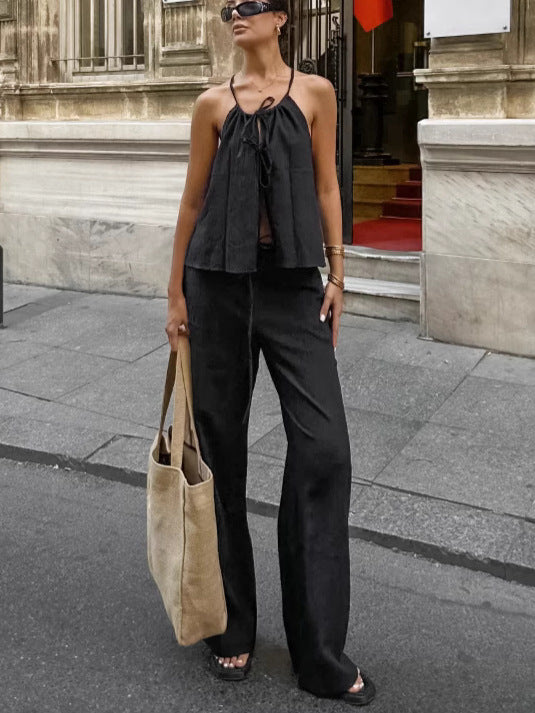 Casual Lace-Up Top and High-Waisted Wide-Leg Pants Set