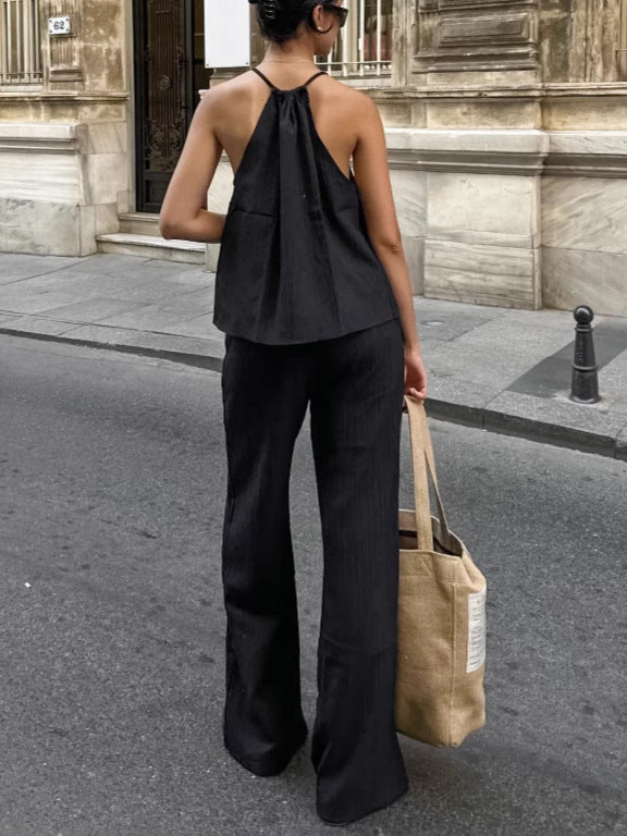 Casual Lace-Up Top and High-Waisted Wide-Leg Pants Set