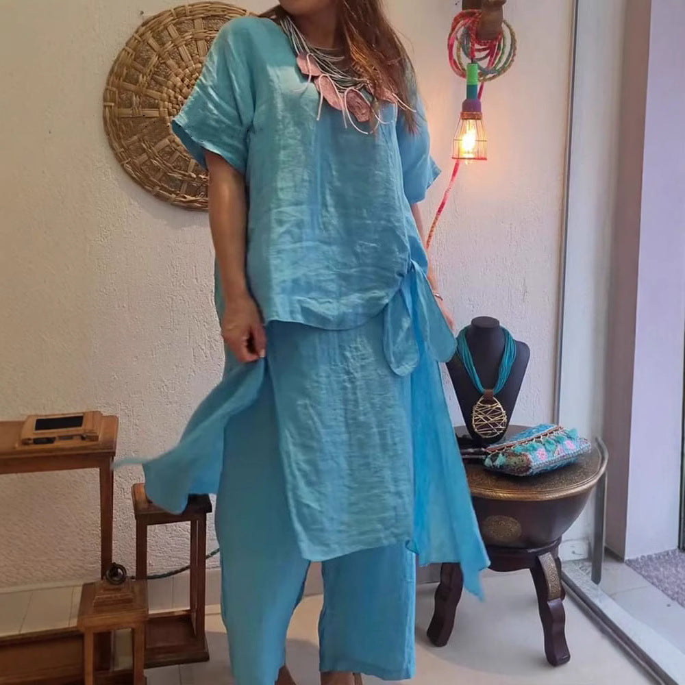 Cotton and Linen Casual Two-Piece Pants Set