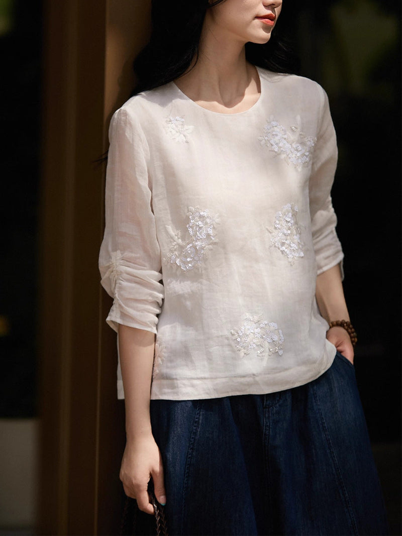 Embellished Sequin Bead Embroidery Sheer Round Neck Top Set
