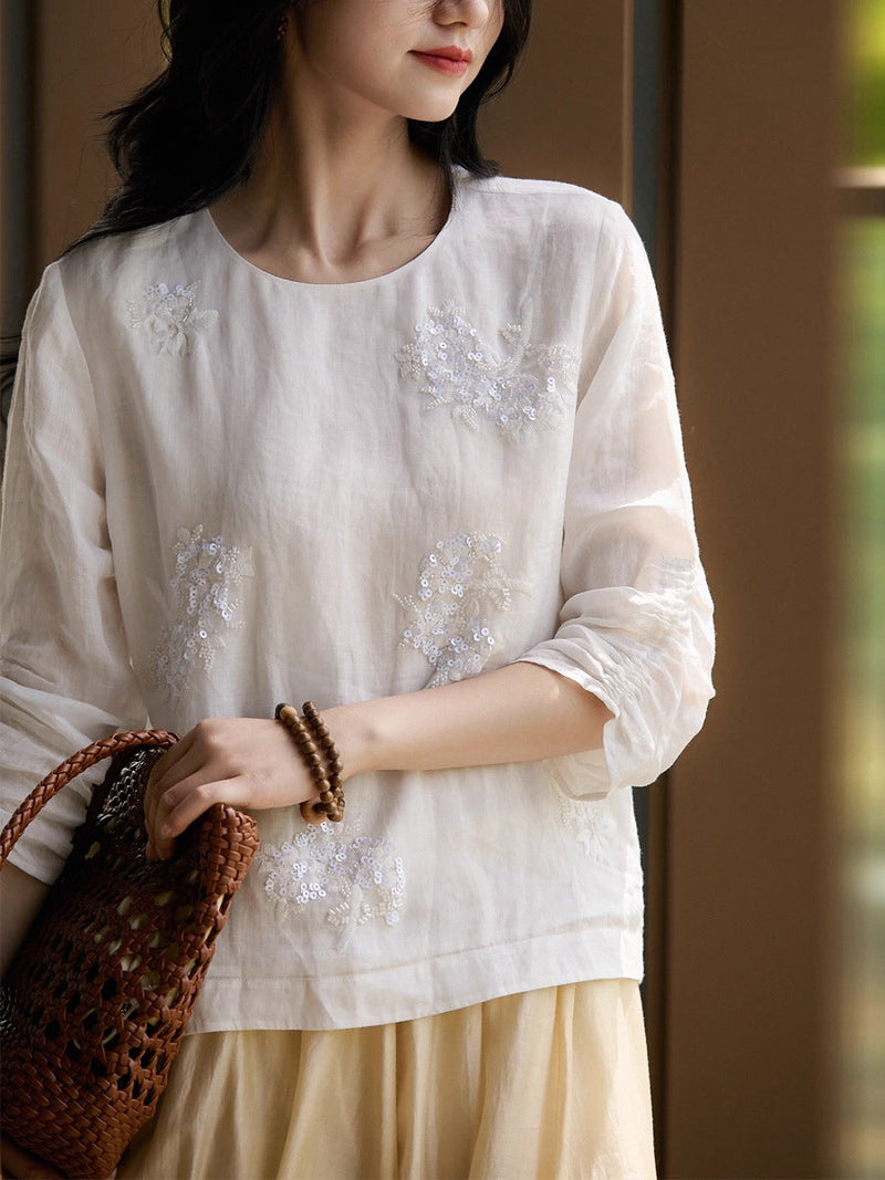 Embellished Sequin Bead Embroidery Sheer Round Neck Top Set