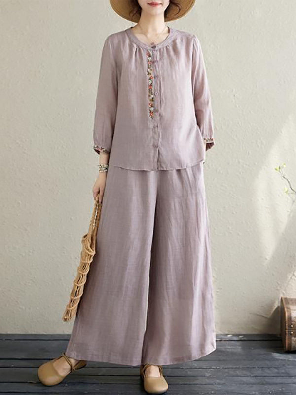Retro Neo-Chinese Embroidered Shirt and Casual Pants Set