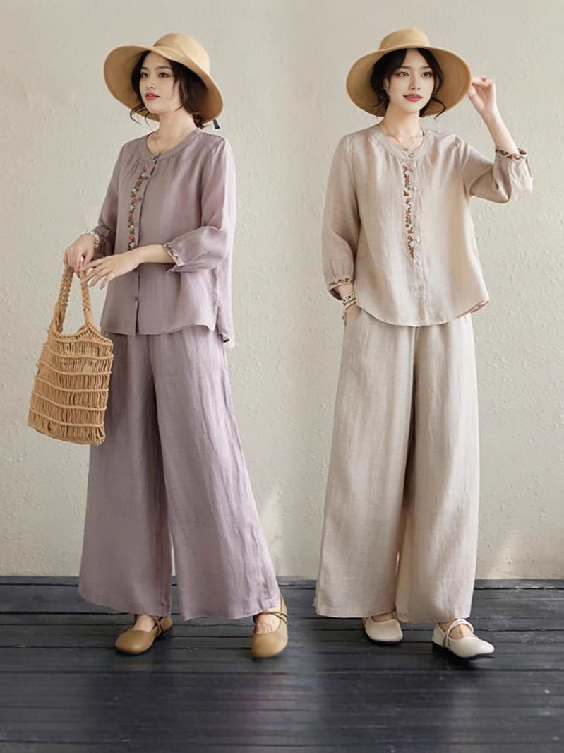 Retro Neo-Chinese Embroidered Shirt and Casual Pants Set