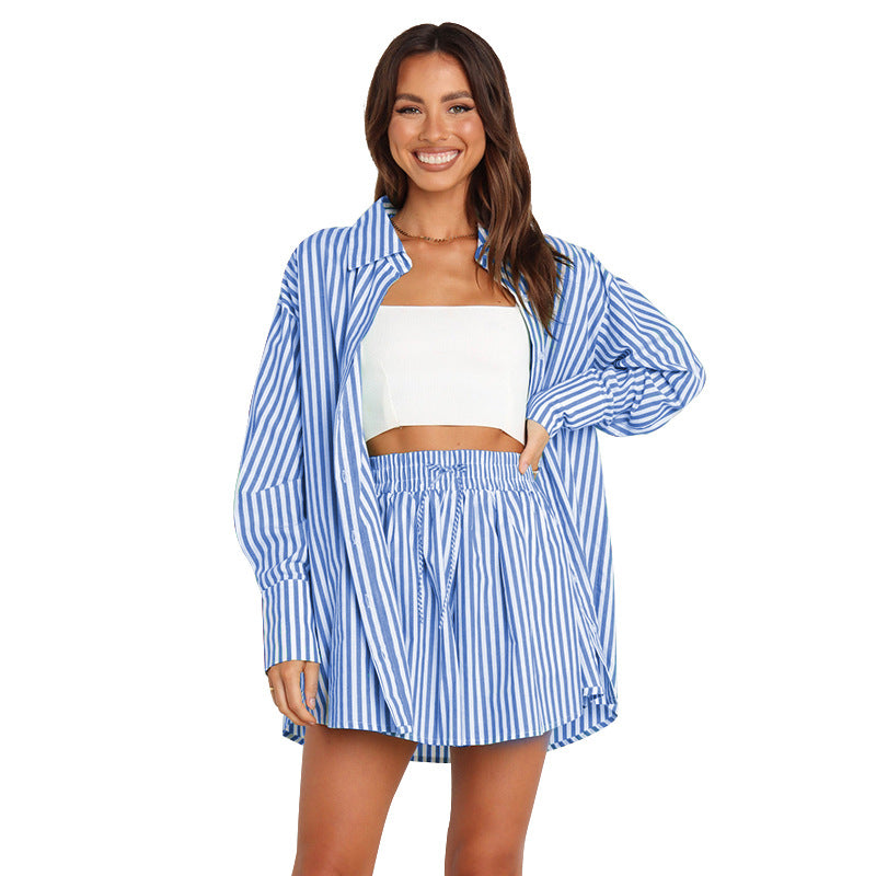 Striped Long-Sleeve Two-Piece Business Casual Set