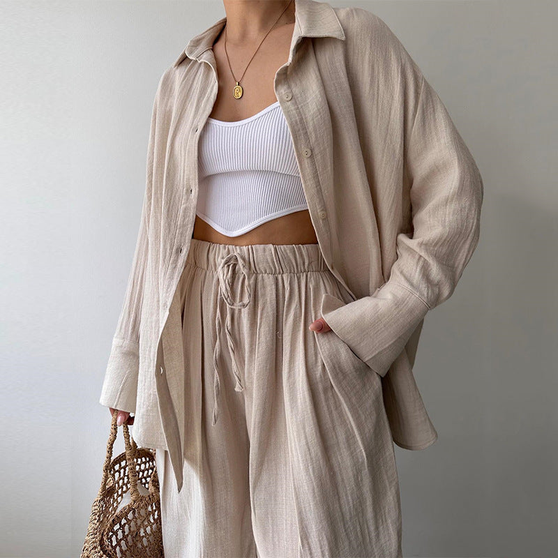 Niche Lapel Long-Sleeve Shirt and High-Waisted Trousers Set