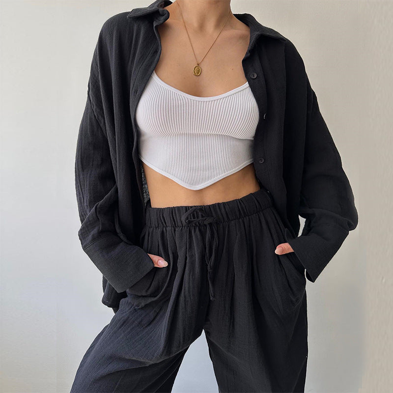 Niche Lapel Long-Sleeve Shirt and High-Waisted Trousers Set
