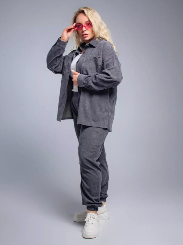 Retro Plus-Size Corduroy Lapel Shirt and Pants Set
