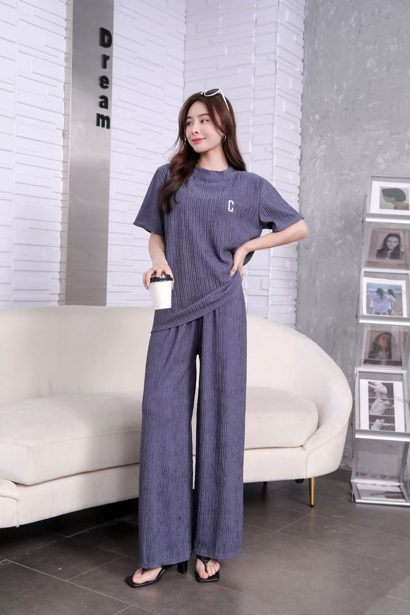 Chiba Pleated Embroidered Two-Piece Loungewear Set
