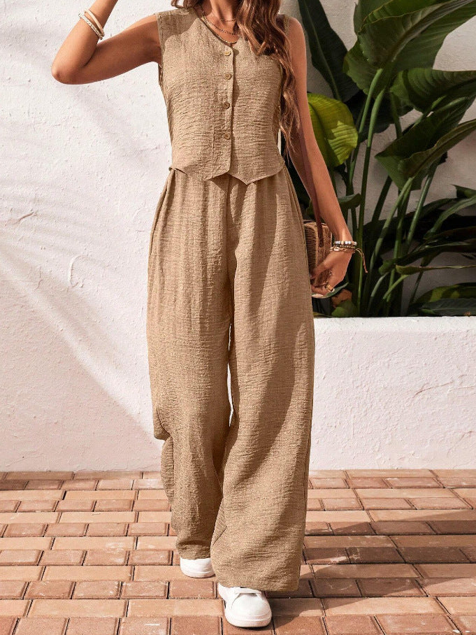 Linen V-neck Vest and Long Pants Suit