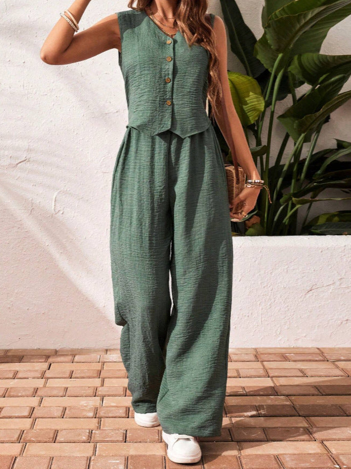 Linen V-neck Vest and Long Pants Suit