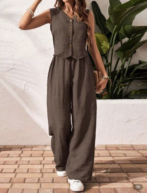 Linen V-neck Vest and Long Pants Suit