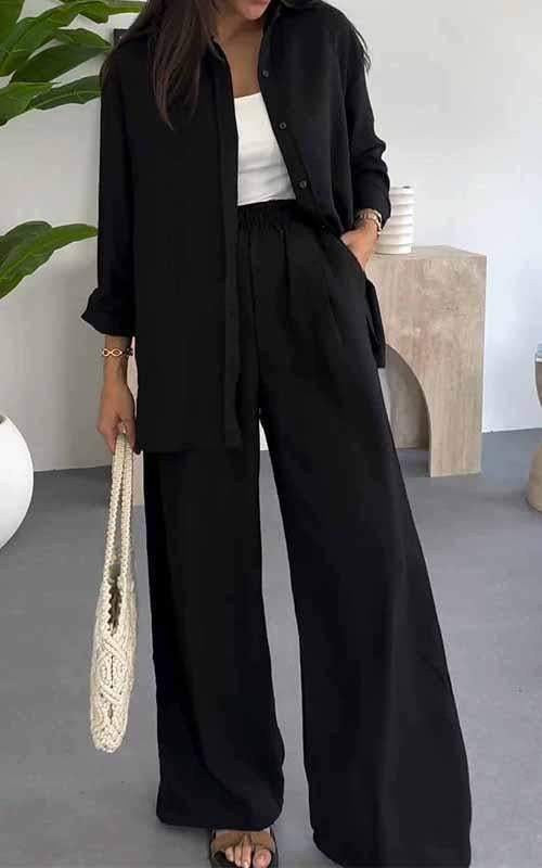 Solid Color Loose Top and Wide-Leg Pants Set