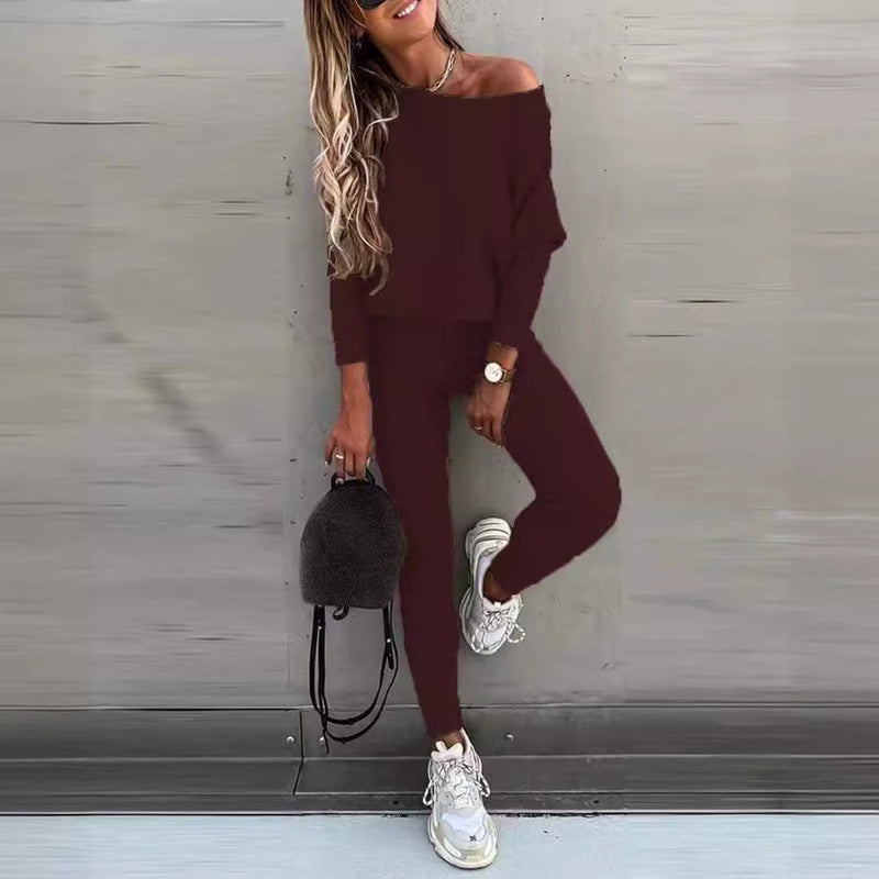 Lace-Up Off-Shoulder Casual Long Pants Suit