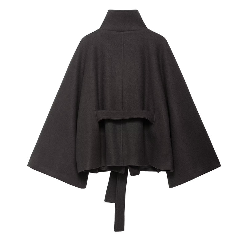 Elegant Loose Stand Collar Woolen Coat with Belt
