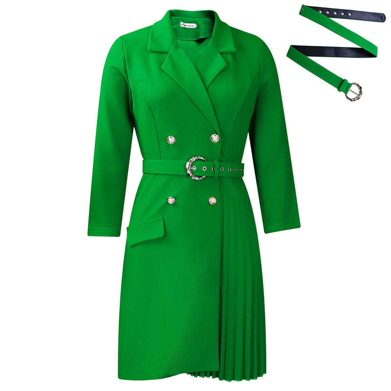 High-Waist Pleated Blazer Dress with Belt