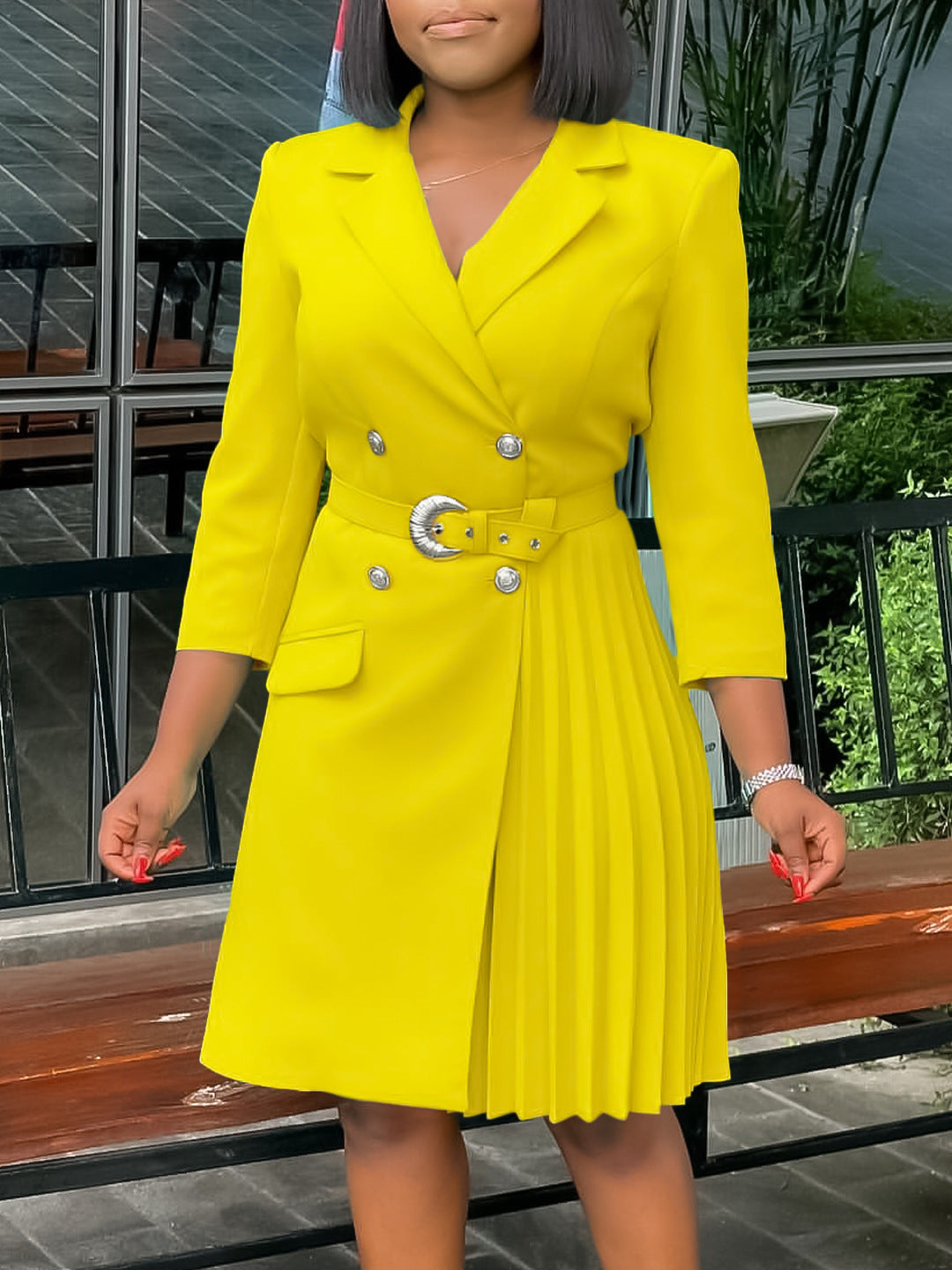 High-Waist Pleated Blazer Dress with Belt