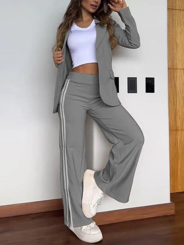 Casual Lapel Blazer and Wide Leg Pants Set