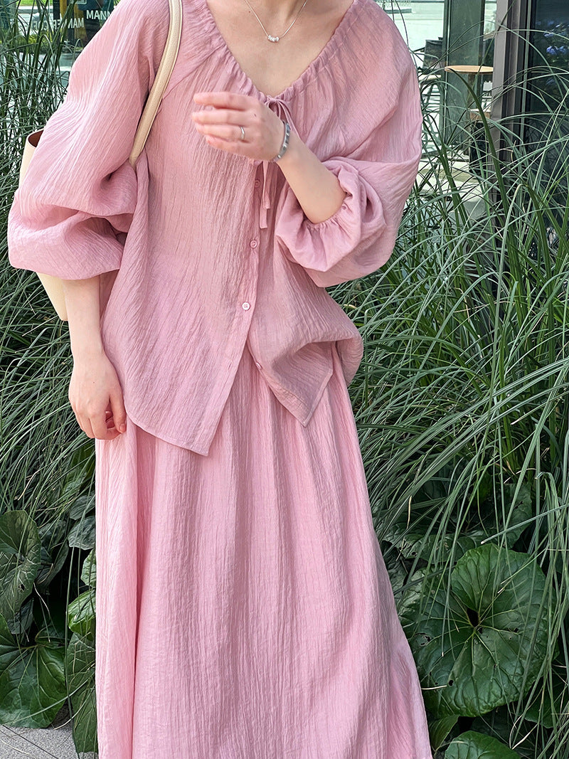 Deerxi Drawstring Ruched Sun-Protection Shirt and Skirt Set