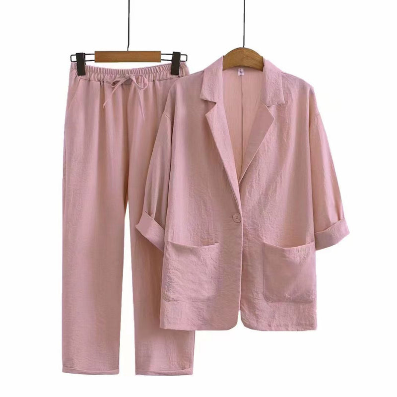 Cotton Linen Blazer and Pants 2-Piece Suit Set