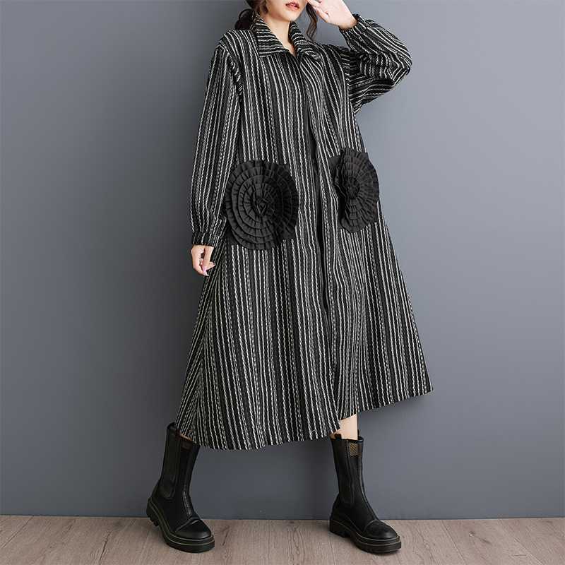 Plus Size Striped Heavy Embroidery Flared Dress