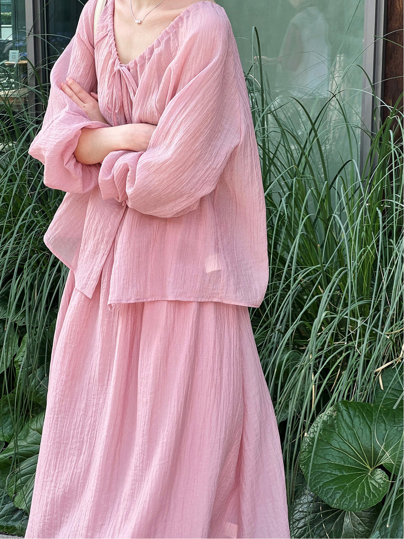 Deerxi Drawstring Ruched Sun-Protection Shirt and Skirt Set