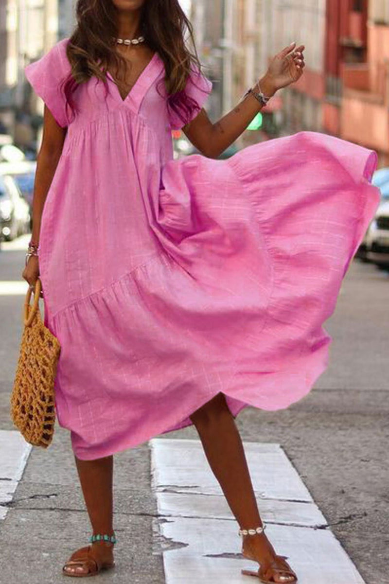 V Neck Tiered Cotton Midi Dress