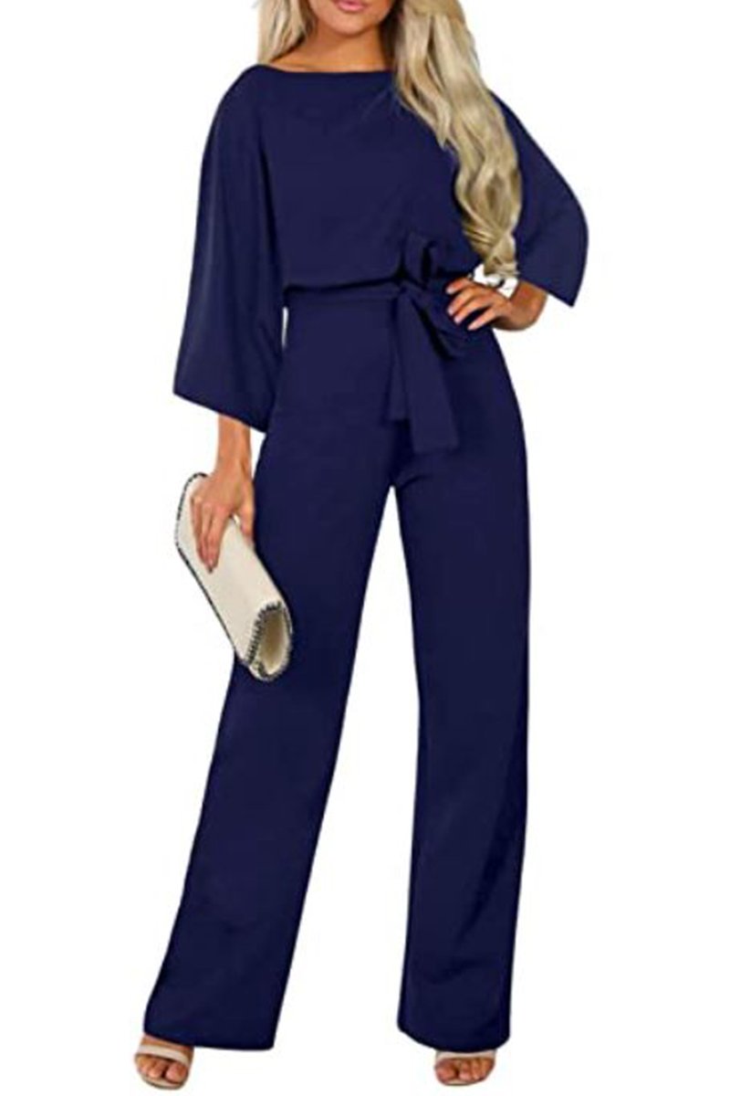 Casual Long Sleeve Belted Jumpsuit