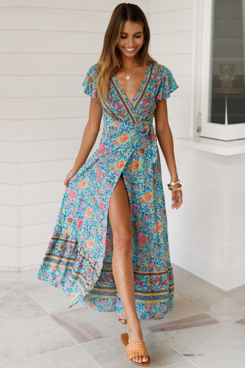 Bohemian Floral Print Wrap Dress