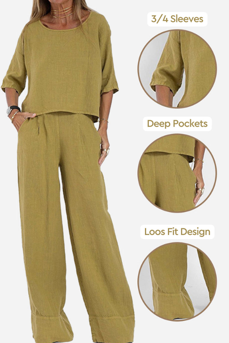 At Ease &amp; Down to Earth: Short-sleeved Pullover &amp; Wide Trouser Matching Set