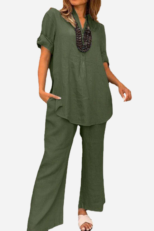 Dressed-up Casual: Short-Sleeved V-neck Top &amp; Wide Trouser Suit