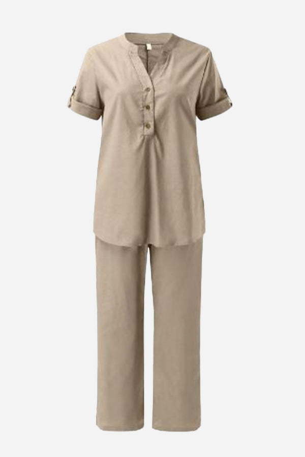 Dressed-up Casual: Short-Sleeved V-neck Top &amp; Wide Trouser Suit
